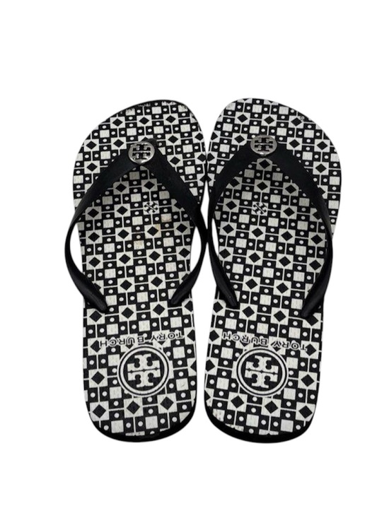 Tory Burch Shoes - Tory Burch Black & White Patterned Logo Flip Flops